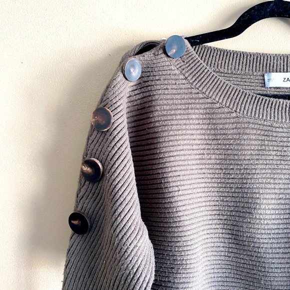 Zara Knit Ribbed Sweater with Button Detail Olive Green - Picture 2 of 4